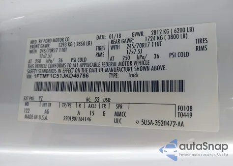 2018 Ford F-150 Xl из США, поврежденный, VIN 1FTMF1C51JKD46786